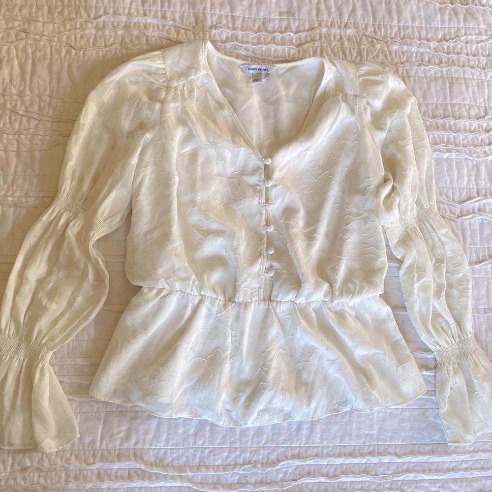 Elizabeth and James Jacquard peplum top with rushed sleeves off-white